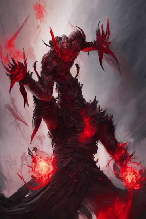 Prompt: demon with red magic in his hands, dark, intricate, highly detailed, epic, digital painting, artstation, concept art, digital illustration by Ruan Jia and Mandy Jurgens and Wayne Barlowe and Greg Rutkowski and Zdislav Bekinski