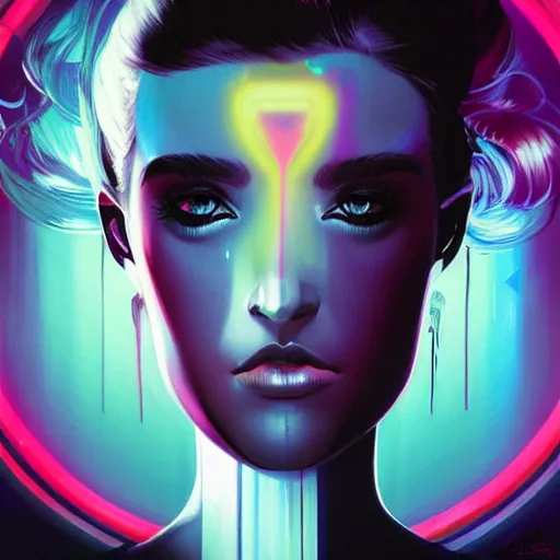 Prompt: synthwave symmetrical void woman with cute - fine - face, pretty face, multicolored hair, realistic shaded perfect face, extremely fine details, by realistic shaded lighting, dynamic background, poster by ilya kuvshinov katsuhiro otomo, magali villeneuve, artgerm, jeremy lipkin and michael garmash and rob rey, riot games