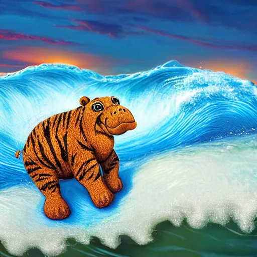 Image similar to a closeup photorealistic photograph of a cute smiling knitted tiger hippopotamus riding a wave at sunset. surf in background. professional capture. brightly lit scene. this 4 k hd image is trending on artstation, featured on behance, well - rendered, extra crisp, features intricate detail, epic composition and the style of unreal engine.