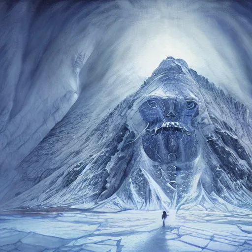 Image similar to epitome mysteries of Antarctica glacial cult mountain god, realistic fantasy, oil painting, extremely high detail, photorealistic, cinematic lighting, oil painting, intricate line drawings, 4k resolution