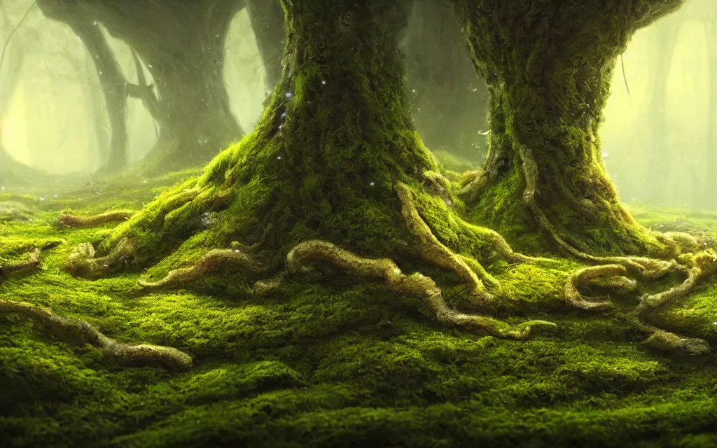 Prompt: a beautiful macro photography of moss with alien fungus, hyper detailed, warm volumetric lights , made by Gerald Brom and Mike Winkelmann, 8K HD trending on art station
