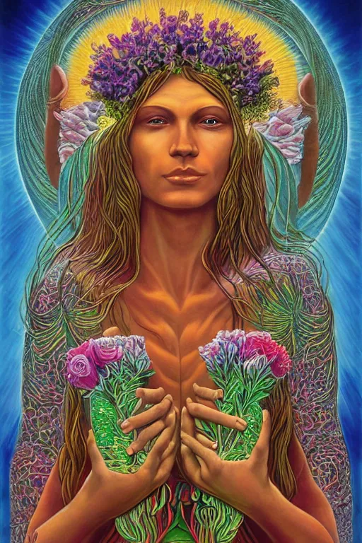 Image similar to goddess of souls holding beautiful flowers in her hands, epic, cinematic, by alex grey