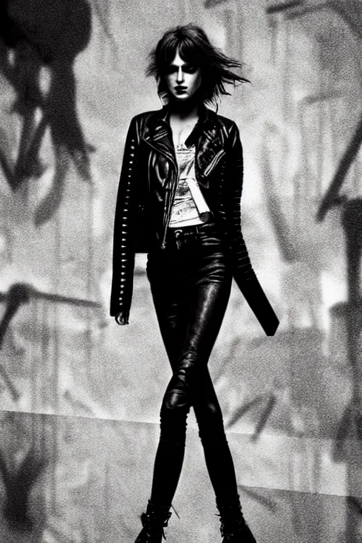 Prompt: dreamy rock girl, black leather jacket, detailed acrylic, grunge, perfect lighting. professional design. great composition, illustration by alberto giacometti, peter lindbergh, 8 k