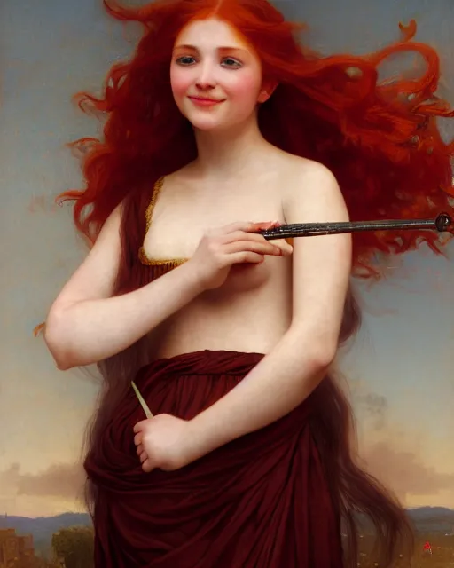 Image similar to fantasy portrait of a happy young women looking with red hair and freckles, slight smile, renaissance colorful dress, leather armor, music instrument in hand, backlit, digital painting by William-Adolphe Bouguereau, photoshop, trending on Artstation, sfw