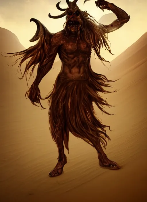 Image similar to terrific jinn demon in middle of desert with hoof on his feet with long cloth, horror, dark atmosphere, harsh lighting, cinematic lighting, scary, award wining art, artstation, high details, concept art, 4 k