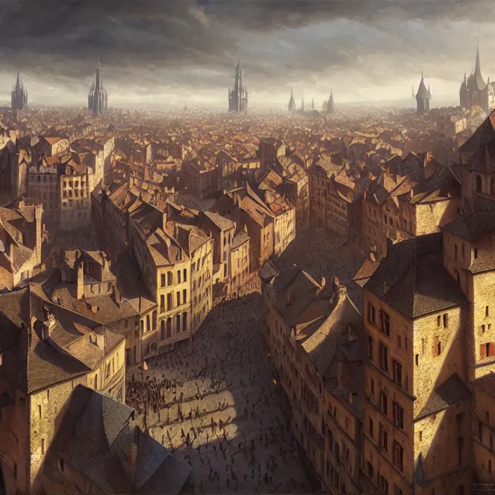 Prompt: matte painting by marc simonetti, jonathan solter, greg rutkowski of a medieval french city square, masterpiece, cinematic, hyperdetailed, photorealistic, hyperrealism, architecture, aerial view,