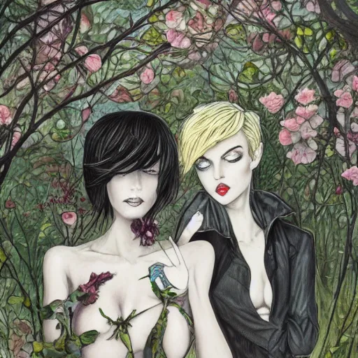 Image similar to blond butch tomboy woman, side by side, taller goth black - haired dark fae woman, in love, romantic in romantic garden at night, mike mignogna, illustration, pen and ink, oil painting, highly detailed, sci fi, dreamy and romantic