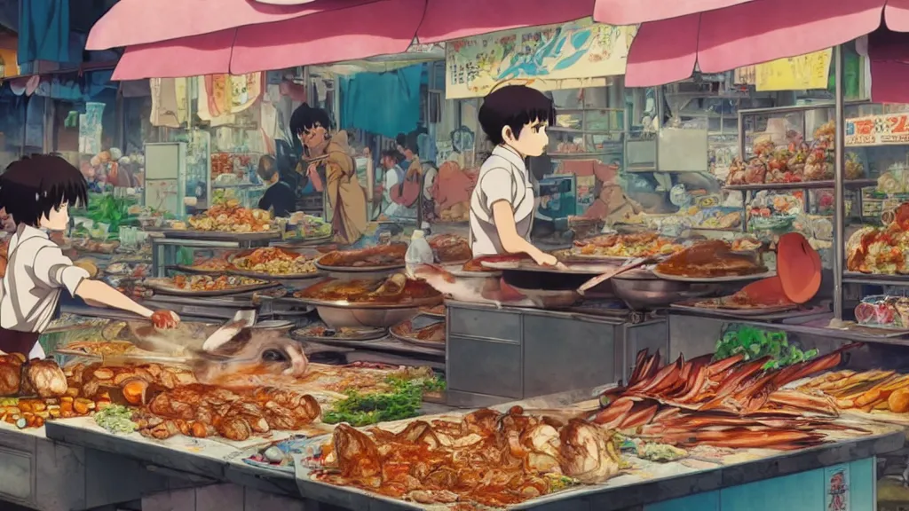 Prompt: a rabbit being cooked in a street market, anime film still from the an anime directed by Katsuhiro Otomo with art direction by Salvador Dalí, wide lens