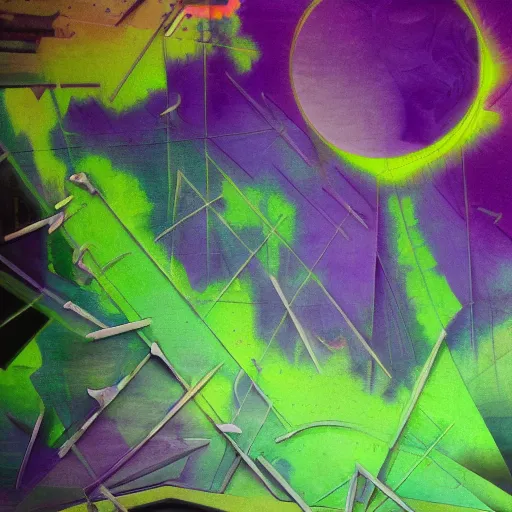 Image similar to a dark matter piece of purple sky with a green sun falls to the ground and breaks into fragments, metallic bridge, futurism, schizophrenia, hyperrealistic fall