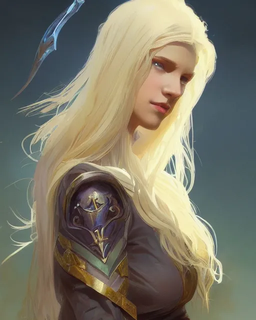 Image similar to '' Portrait of Beautiful blonde Slavic woman in her early 30’s, league of legends, LOL, fantasy, d&d, digital painting, artstation, concept art, sharp focus, illustration, art by greg rutkowski and alphonse mucha ''