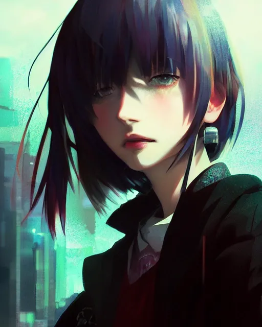 Image similar to kyoto animation, cool lady wearing cyberpunk warcore clothing, beautiful, detailed portrait, cell shaded, 4 k, concept art, by wlop, ilya kuvshinov, artgerm, krenz cushart, greg rutkowski, pixiv. cinematic dramatic atmosphere, sharp focus, volumetric lighting, cinematic lighting, studio quality