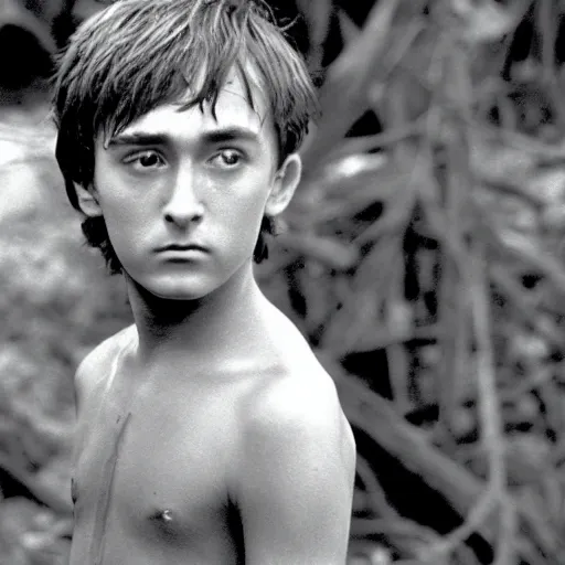 Prompt: bran stark plays ralph in lord of the flies ( 1 9 6 3 ), 3 5 mm black and white, highly detailed, cinematic lighting