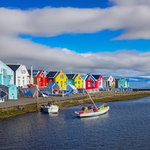 Prompt: row of houses all connected by water with the main means of transportation is a boat on a bright sunny day in iceland