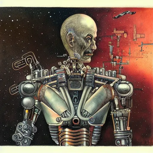 Image similar to futurist cyborg emperor, perfect future, award winning art by santiago caruso, iridescent color palette