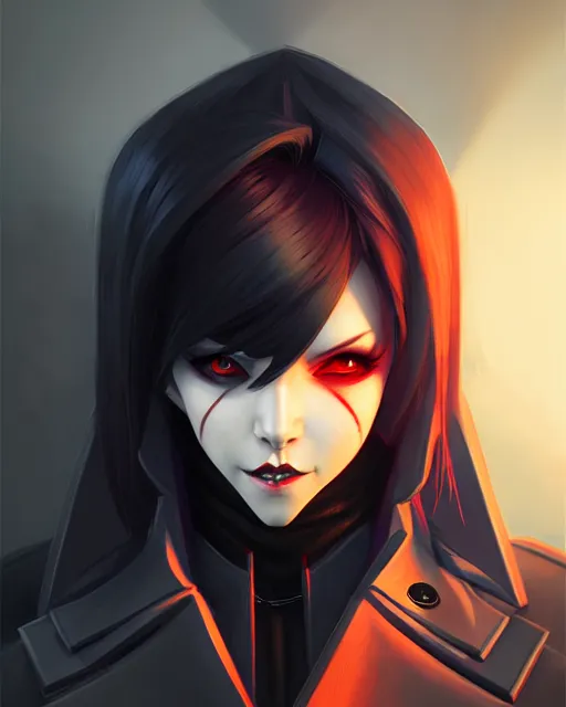 Image similar to sharp hq rendering, dark vampire, character portrait, concept art, painterly, fanart, highly detailed in the style of overwatch by ilya kuvshinov, wenjun lin, angular geometric symmetrical design