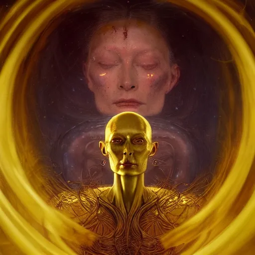 Prompt: Woman masterpiece, Tilda Swinton, gold liquid, bald, multiple halos, blood dripping down the head, yellow, galaxies in the background, golden halo behind her head, wires everywhere, by Edgar Maxence and Ross Tran, Zdzisław Beksiński, and Michael Whelan, gustav dore, H.R. Giger, 8k, octane render