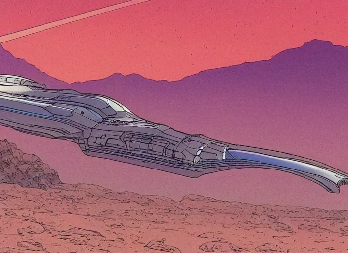 Prompt: a spaceship in a stunning landscape by moebius