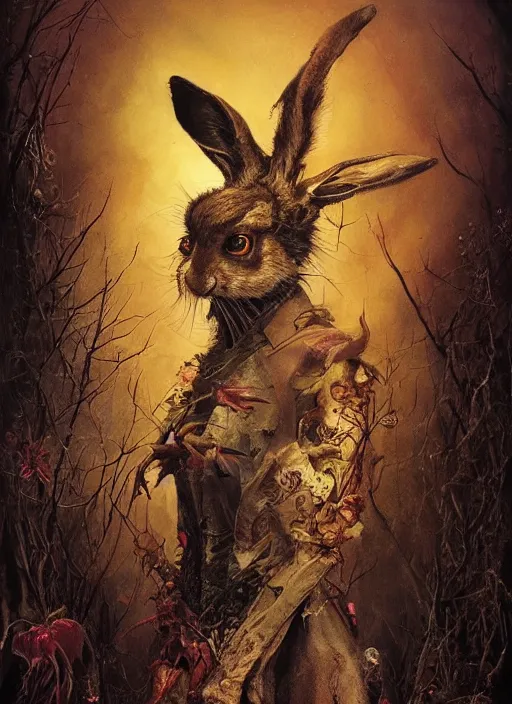 Image similar to the march hare, death tarot card, highly detailed, cinematic, 8 k, by megan duncanson, benjamin lacombe, adrian borda, stanley artgermm, tom bagshaw, craig mullins, carne griffiths, ayami kojima, beksinski, giger, trending on deviantart, hyper detailed, horror, full of colour