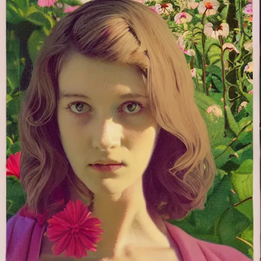 Image similar to a lot of flowers morphing in a beautiful girls face, film still by wes anderson, depicted by balthus, limited color palette, very intricate, art nouveau, highly detailed, lights by hopper, soft pastel colors, minimalist