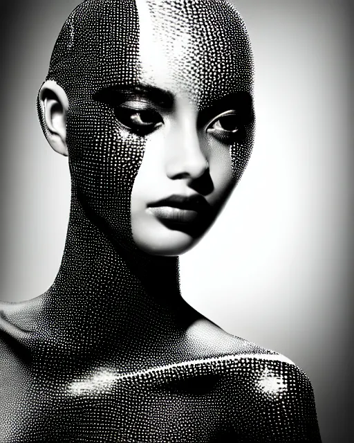 Image similar to black and white dreamy spiritual female water - insect - cyborg high quality portrait photo, microchip leaves, artificial intelligence, cinematic, rim light, photo - realistic, elegant, high detail, 8 k, masterpiece, high fashion, in the style of man ray