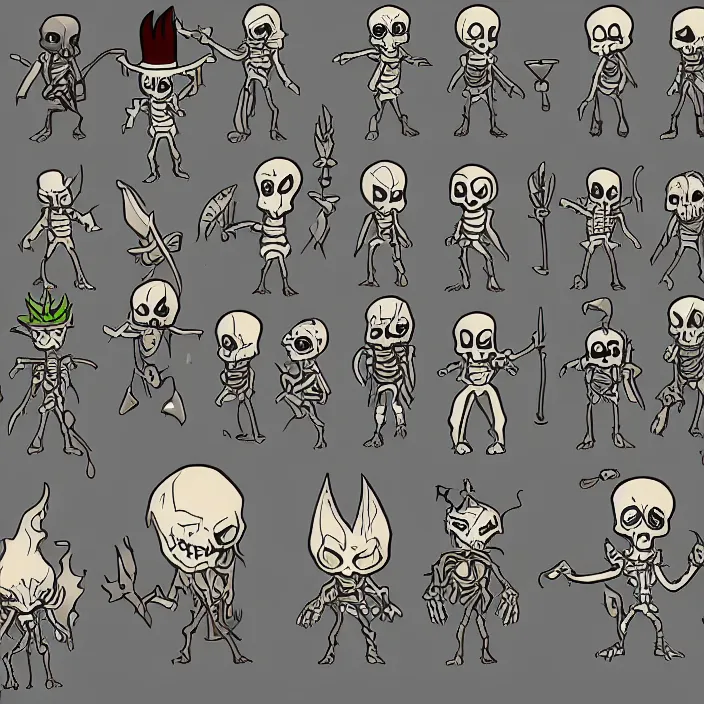 Image similar to spritesheet containing a chibi wizard and skeleton enemies of different magic types, colored lineart