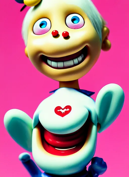 Prompt: a hyperrealistic lowbrow oil panting of a looney kawaii vocaloid figurine caricature with a big dumb goofy grin and pretty sparkling anime eyes featured on wallace and gromit by arthur szyk