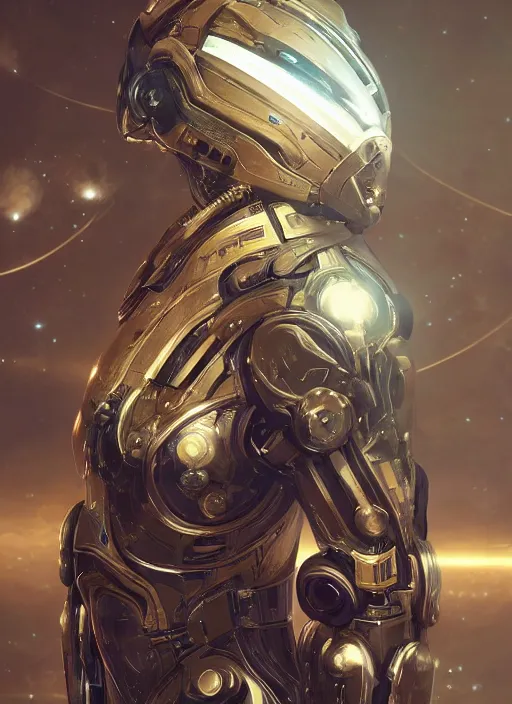 Image similar to photo of a robot made of clock parts, warframe armor, beautiful face, scifi, nebula reflections, stars, professionally color graded, 8 k high definition, insanely detailed, intricate, innocent, art by akihiko yoshida and artgerm