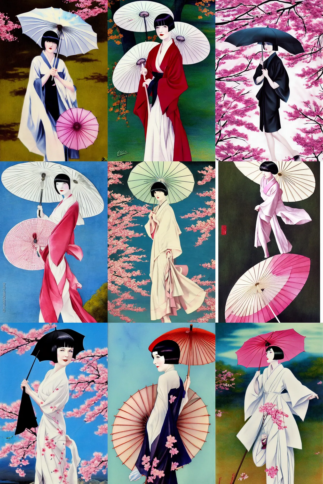 Prompt: 2 8 year old mary louise brooks, wearing kimono, carrying parasol, by artgerm, cherry blossom falling