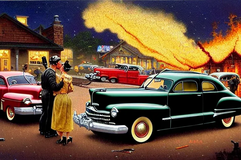 Prompt: in the style of norman rockwell, thomas kinkade, 1 9 4 8 desoto car, black, driving through a 1 9 5 0 s town that's on fire, during the purge, night time, elaborate, high saturation, heat haze, drone shot, violence, people shooting at each other, people beating each other