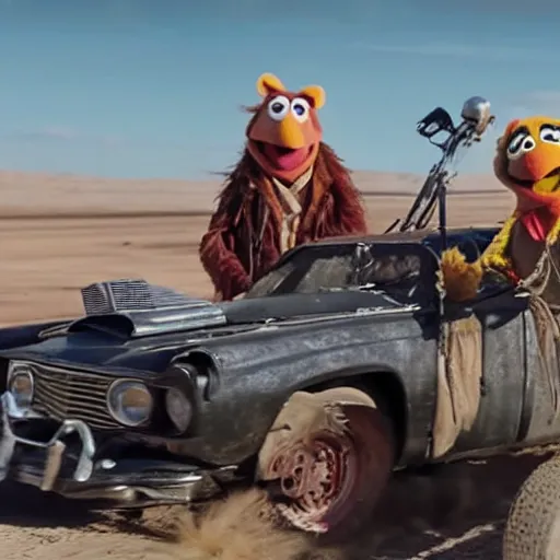 Prompt: a film still of muppets in 'Mad Max: Furry Road' (2015)