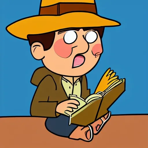 Prompt: indiana jones eating an ice cream, reading a book, cartoon style