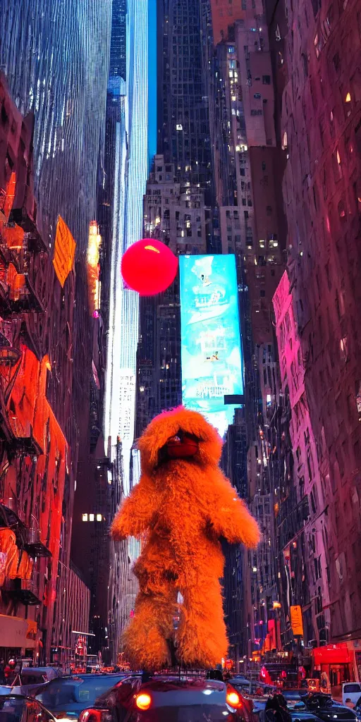 Image similar to fluffy puppet im new york at night with red lights as eyes