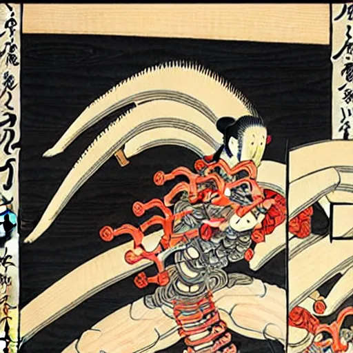 Image similar to biomechanical ukiyo - e woodblock, very detailed, hyperrealistic