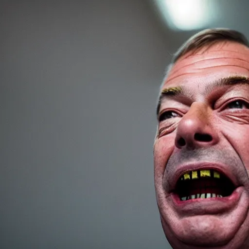 Prompt: A photo of Nigel Farage as a ventroquial fdummy, hinged jaw, wires, lacquered, glossy, cracked varnish, f 1.8, ISO 400