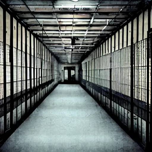 Prompt: noisy color photograph of a retrofuturist liminal space, laboratory, prison, minimalist