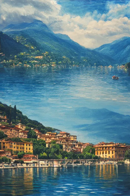 Prompt: Highly detailed oil painting of Lake Como, wide shot, daylight, blue sky, summer, dramatic lighting, award winning, highly detailed, medium format photography, cinestill 800t.