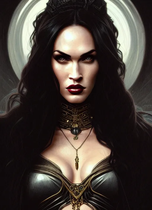 Image similar to portrait of megan fox as a vampire queen, jewelry, greek, black, intricate, headshot, highly detailed, digital painting, artstation, concept art, sharp focus, cinematic lighting, illustration, art by artgerm and greg rutkowski, alphonse mucha, cgsociety