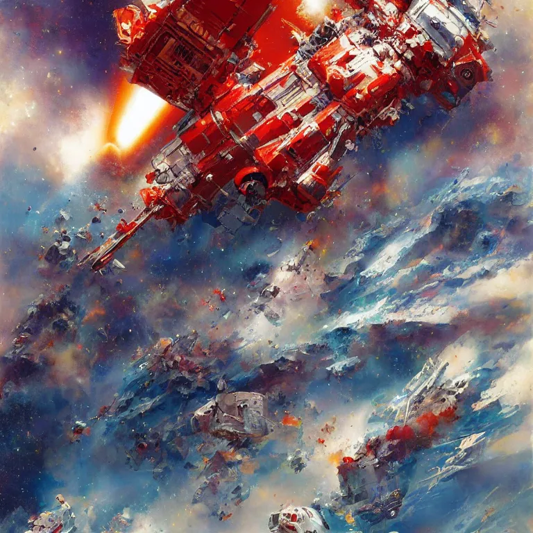 Prompt: spaceship that looks like the kool-aid man bursting into hyperspace, by John Berkey, concept art, space