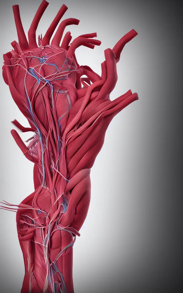 Image similar to intricated scientific medical 3d animation of the muscles and veins of a human with a heart in their hands photography 3d octane render