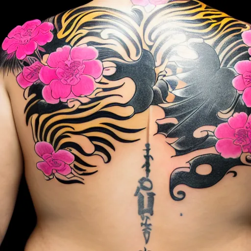 Image similar to photography of the back of a woman with a black detailed irezumi tatto representing a big gold tiger with pink flowers on her entire back, dark hangar background, mid-shot, editorial photography