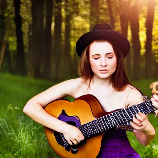 Prompt: a pretty girl playing mandolin in the wilderness, HD photography