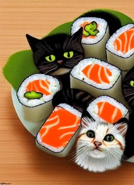 Image similar to clear photorealistic picture of adorable cats made out of sushi