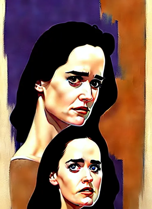 Prompt: detailed artwork by phil noto ; stylized painting of young jennifer connelly ; eva green ; young jennifer connelly from the rocketeer ; brush texture ; asymmetric composition ; paint texture ; trending on artstation ; gallery painting by phil noto, comic style