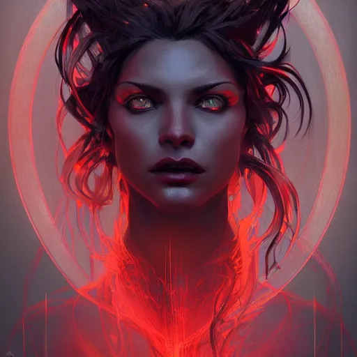 Image similar to Portrait of a dark witch, dark filaments, red glowing eyes, menacing, intimidating, frightening, intricate, headshot, highly detailed, digital painting, artstation, concept art, sharp focus, cinematic lighting, illustration, art by artgerm and greg rutkowski, alphonse mucha, cgsociety