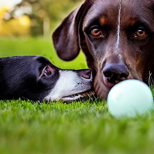 Image similar to award winning photograph, dog licking balls