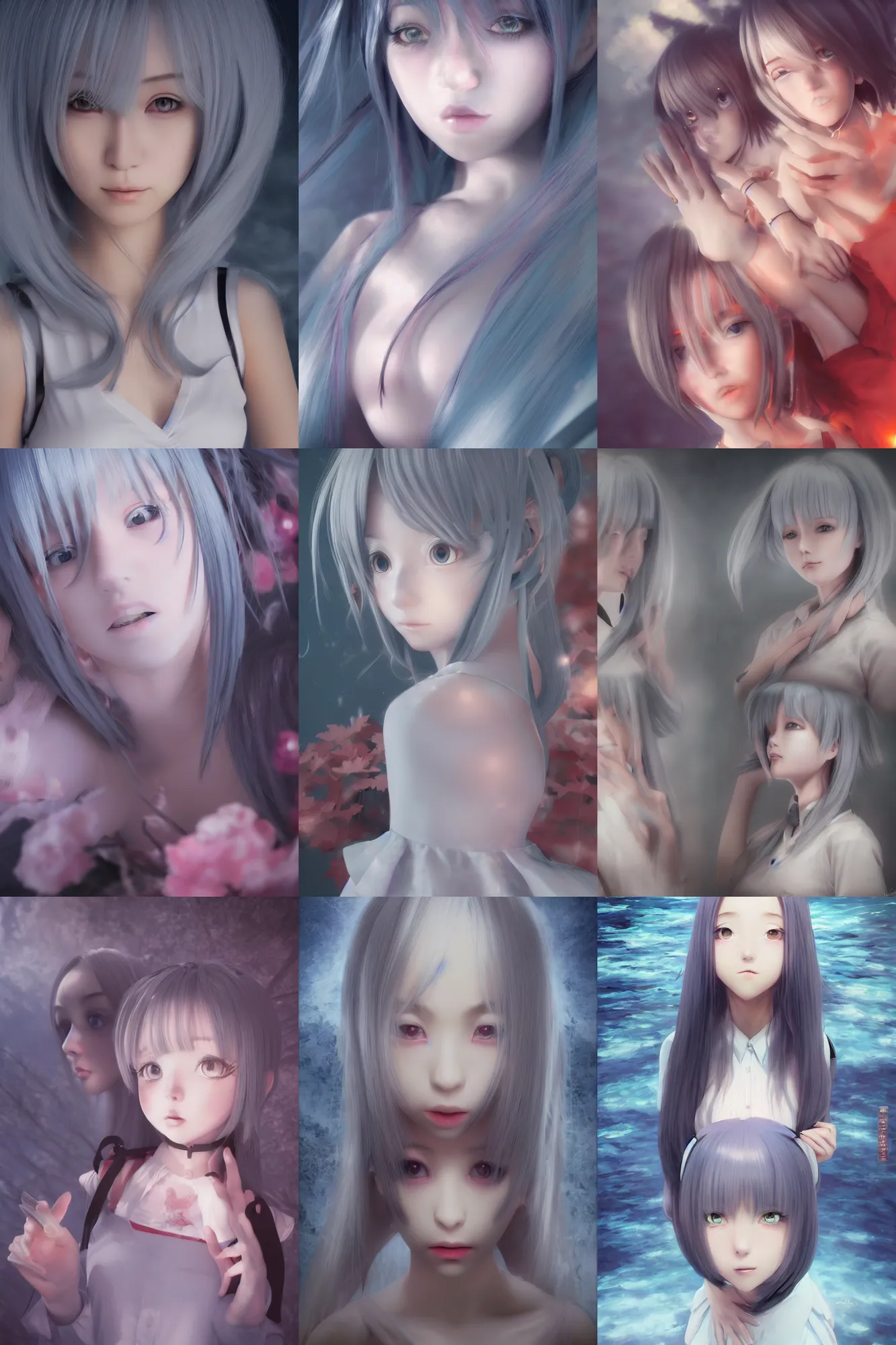 Prompt: 3d dark infrared octane render portrait of beauty anime schoolgirls under dark infrared water. ultra detailed pretty face. with anime grey hair. dramatic light, trending on artstation, art by hiro kiyohara and hayao miyazaki oil painting.