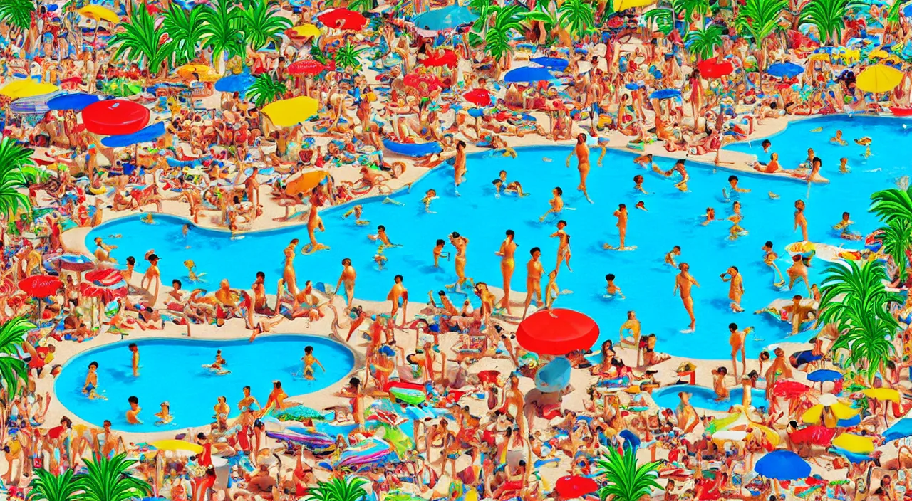 Prompt: where’s waldo, a beautiful day at a tropical pool,colorised,photograph