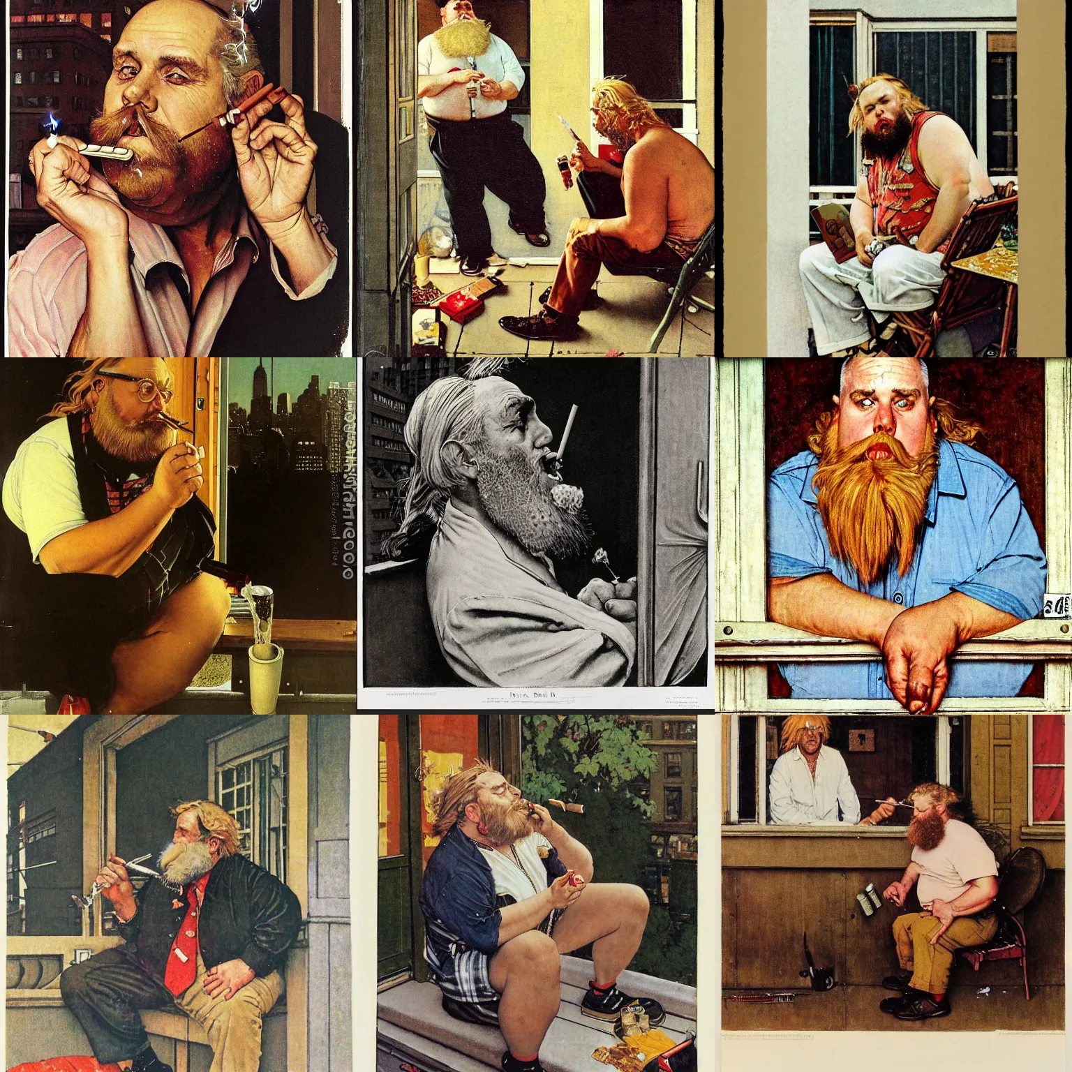 Prompt: norman rockwell portrait of an (overweight) man with long blonde hair and a (shaggy) beard smoking a joint on a balcony in New York City