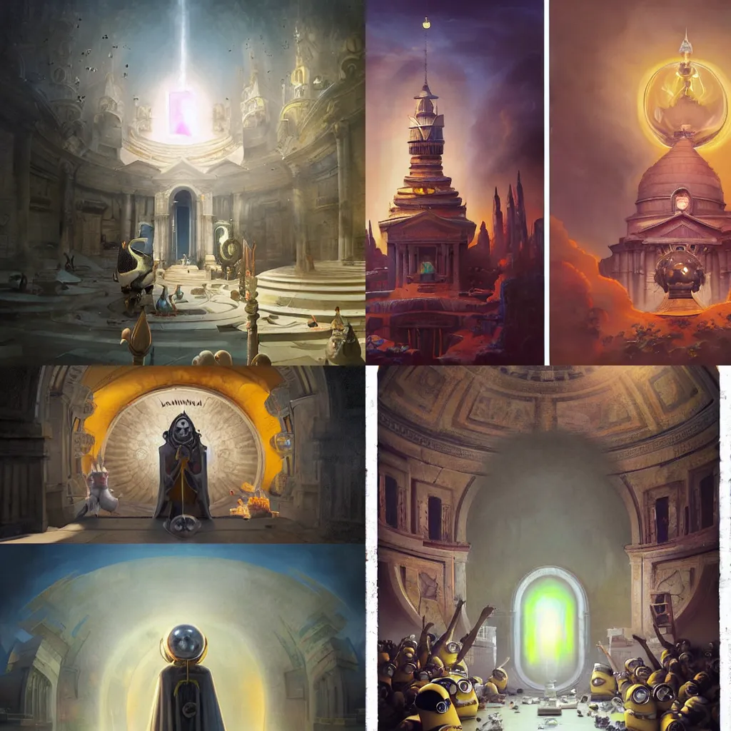 Prompt: Despicable Me's Minions as deities painted by Tom Bagshaw, new pantheon, holy artwork, ascendant banana, painted by greg rutkowski, volumetric lighting, ancient crumbling temples, dust of ages