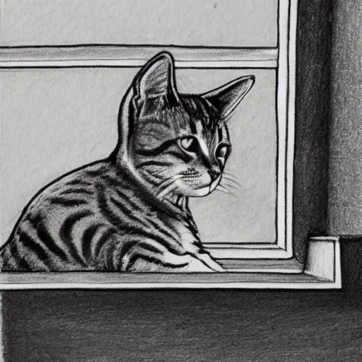 Prompt: a tabby cat named clarence laying on a table looking out the window, it is a sunny day, in the style of a hand drawn pencil sketch